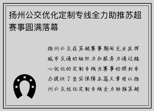 扬州公交优化定制专线全力助推苏超赛事圆满落幕